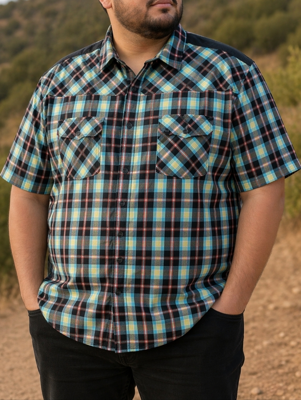 GUESS Blue Red Plaid Short Sleeve Button Down Shirt Casual Western Style